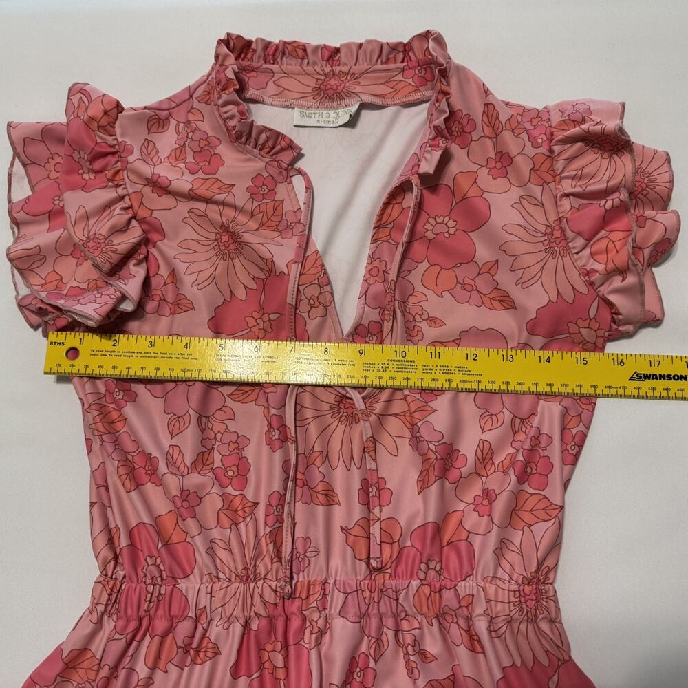 SMITH & QUINN High smocked/ruffled split 60’s Retro Pink Floral Dress Size XSm - Picture 3 of 14